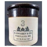 E. Swasey & Co. Portland, ME 3 Gallon Stoneware Crock, 10.5'h