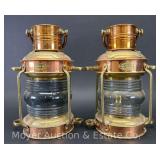 Pair of Brass and Copper Nautical Anchor Lights, Oil Lamps, 11'h