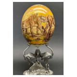 Decorative Decoupage Ostrich Egg Depicting African Safari, with Ostrich Stand, 10'h Overall