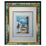 Painting on Canvas Depicting Mountain/Town, Artist Signed-Illegible, Framed/Matted, 16'x13'