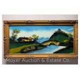 Reverse Painting Landscape on Glass, Framed, 23'x45'