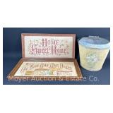 2 Vintage Needlepoints, 12'x24' and Hand Painted Galvanized Bucket