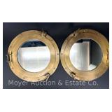 (2) Decorative Brass Framed Porthole Style Mirrors, 15'w
