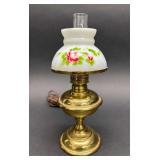 Miniature Oil Lamp, Hand Painted Floral Shade, Electrified, 8.5'h
