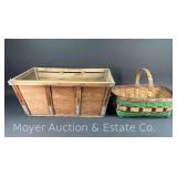 Antique Wood Crate and Basket, Wood Crate is 24'w