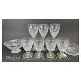 (4) Waterford Goblets, (3) Waterford Wine Glasses, 6' Bowl and 5' Dish