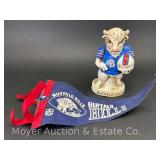 Vintage Buffalo Bills Ceramic Coin Bank and Small Felt Pendant