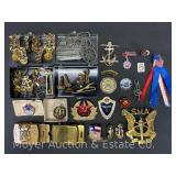 Group of Military Pins, Belt Buckles, Soviet Insignia, NRA Marksman Medal, Etc.