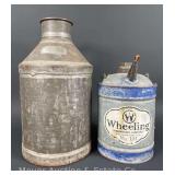 Wheeling Oil Can and Other Metal Water Can with R.E. Greene Label, 10'-14'h