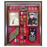 US Navy 'Military Career' Shadow Box, Incl. Dog Tags, Medals, Insignia, Etc. in Oak Display Case