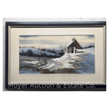 Watercolor of Barn in Winter, Signed Stroppel, Framed 20'x32' Overall