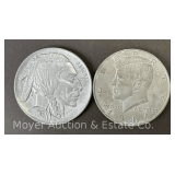 1964 Kennedy Half Dollar and 1913 Buffalo Nickel Medallions, 3' Wide