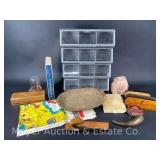 Decorative Alaska Fabric Map, Small Powder Horn, Boot Brushes, Antique Woven Basket, Stack-On Storage Cabinet, Etc.