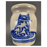 Stoneware Crock with Cobalt Cat Decoration, 5.5'h