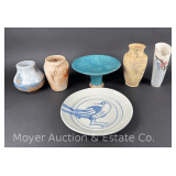 (6) Pieces of Studio Pottery: Pedestal Dish, and Vases, 5'-8'h, and Plate, 10.5'w
