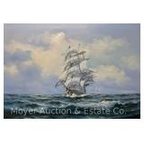Oil on Canvas of Sailing Ship, Signed W. Sopia, Unframed 24'x36'