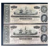 (2) Confederate States of America 20 Dollar Notes