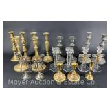 (9) Pairs of Candlesticks: Brass Tone, Pewter, and Glass, 4.5'-10'h
