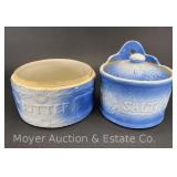 Stoneware Salt Crock with Lid, 6'w x 6'h, and Butter Crock, No Lid, 7'w x 4'h