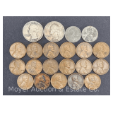 (2) Washington Silver Quarters, (2) Steel Cents and (17) Wheat Pennies