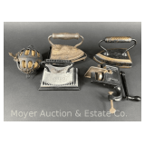 Group of Sad Irons, Hand Fluter, Twine Dispenser, and Hand Crank Pinking Machine