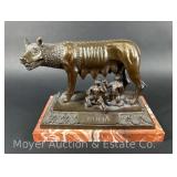 Capitoline Wolf (Romulus and Remus with She-Wolf) Bronze Statue with Marble Base, 15'w Overall