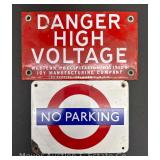 Small Porcelain 'No Parking' and 'Danger High Voltage' Signs, Single Sided
