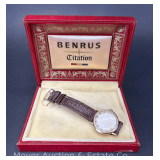Benrus 14K Gold Mens Wristwatch, Leather Wristband