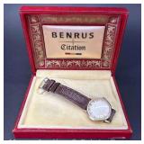 Benrus 14K Gold Mens Wristwatch, Leather Wristband