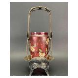 Victorian Cranberry Glass Pickle Castor Jar with Silver-plate Stand, No Lid, 11'h Overall