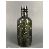 Clarke & White New York Mineral Water Bottle, Green Embossed Glass, 7.5'h