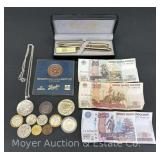 Pierre Cardin Pen/Pencil Set, Trade Dollars, Foreign Coins and Paper Money, Tokens, Etc.