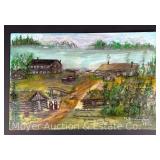 Martha Burlingham Oil on Canvas Rural Townscape, Signed M. Burlingham 1956, Unframed 8'x12.5'