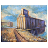 John Schweikhard Painting 'Lakeside', on Canvas, scene of Buffalo Grain Mills, Framed 14.5'x17.5'