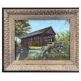 Oliver Williams Painting on Board of Covered Bridge, Signed, Framed 16.5'x20.5' Overall