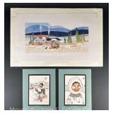 Pair of Eskimo Watercolor and Ink Portraits by P. Tuckichuk and Landscape Print by Rie Munoz