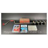 Group of Fishing Lures, Tackle Box, Ice Auger and Fishing Books