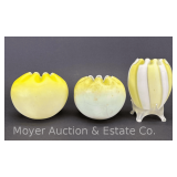 (2) Yellow Satin Glass Rose Bowls with Yellow Striped Vase, 3.5'-4.5'h