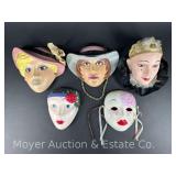 (5) Decorative Wall Masks, Ceramic, 7'-8'h