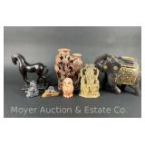 Group of Statues and Carvings, Stone and Wood, 2'-8.5'h