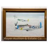 Pastel of Military Airplanes, Signed Kirk J. Tracy, Framed 23'x33'