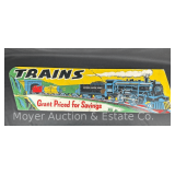 Original Grants Department Store 'Trains' Sign, Double Sided, Fiberboard, Repaired, 16'h x 60' Long