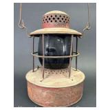 Embury No. 500 N.Y.S Safety Lantern, with Blue/Green Unmarked Globe, 9'h