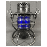 Dietz B.&O.R.R Railroad Lantern, with Blue Ribbed Unmarked Glass Globe, Repainted, 9'h
