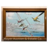 Pastel of Military Airplanes, Signed Kirk J. Tracy, Framed 23'x33'