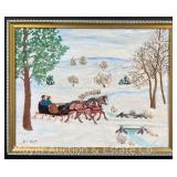Iris E Webster “Going to Church” Oil on Board Winter Scene, Framed 15"x19"