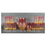 Amberina Glass Pitcher with 10 Glasses and Miniature Pitcher, 4"-7"h
