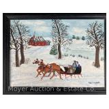 Iris E. Webster “Out for a Pleasure Ride” Oil on Board Winterscape Painting, Framed 13.5'x18'