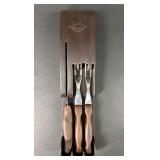 Cutco Carving Forks, No. 26 and No. 27, and Frosting Spatula, No. 25, with Storage Rack
