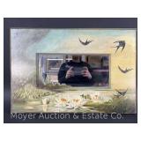Oil Painting on Framed Wall Mirror, Antique, 18"x27" Overall